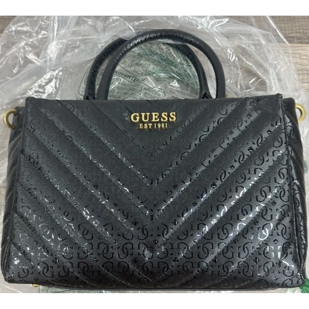 Guess Jania Society Quilted‎ Medium Satchel Crossbody Black Logo Embossed NEW